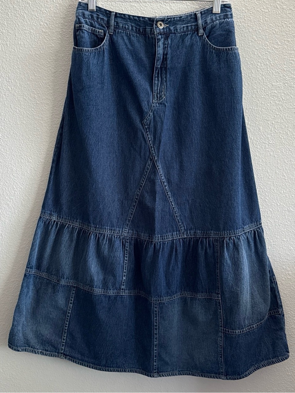 Studio West Denim Maxi Skirt Medium Boho Prairie Tiered Jean Skirt